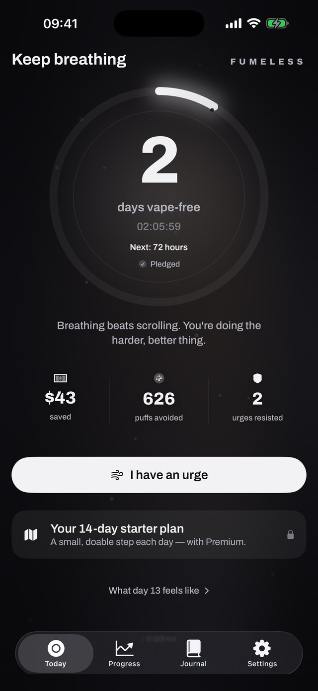 Fumeless Today screen: 2 days vape-free, money saved, and the daily pledge